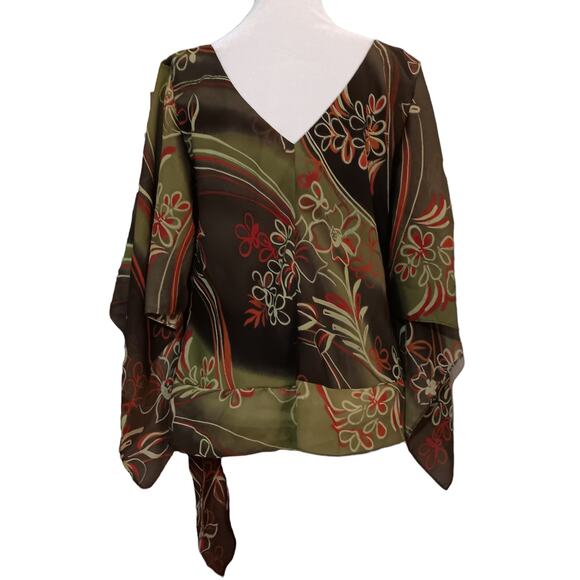 VINTAGE 90s Y2K Boho Blouse Top 14W Artsy Floral Green Brown‎ Orange V-Neck - Picture 10 of 11